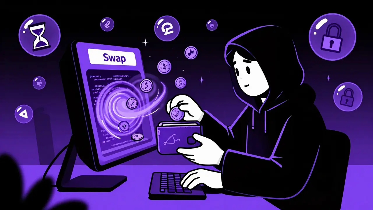Usuario intercambiando tokens en un exchange descentralizado con riesgo