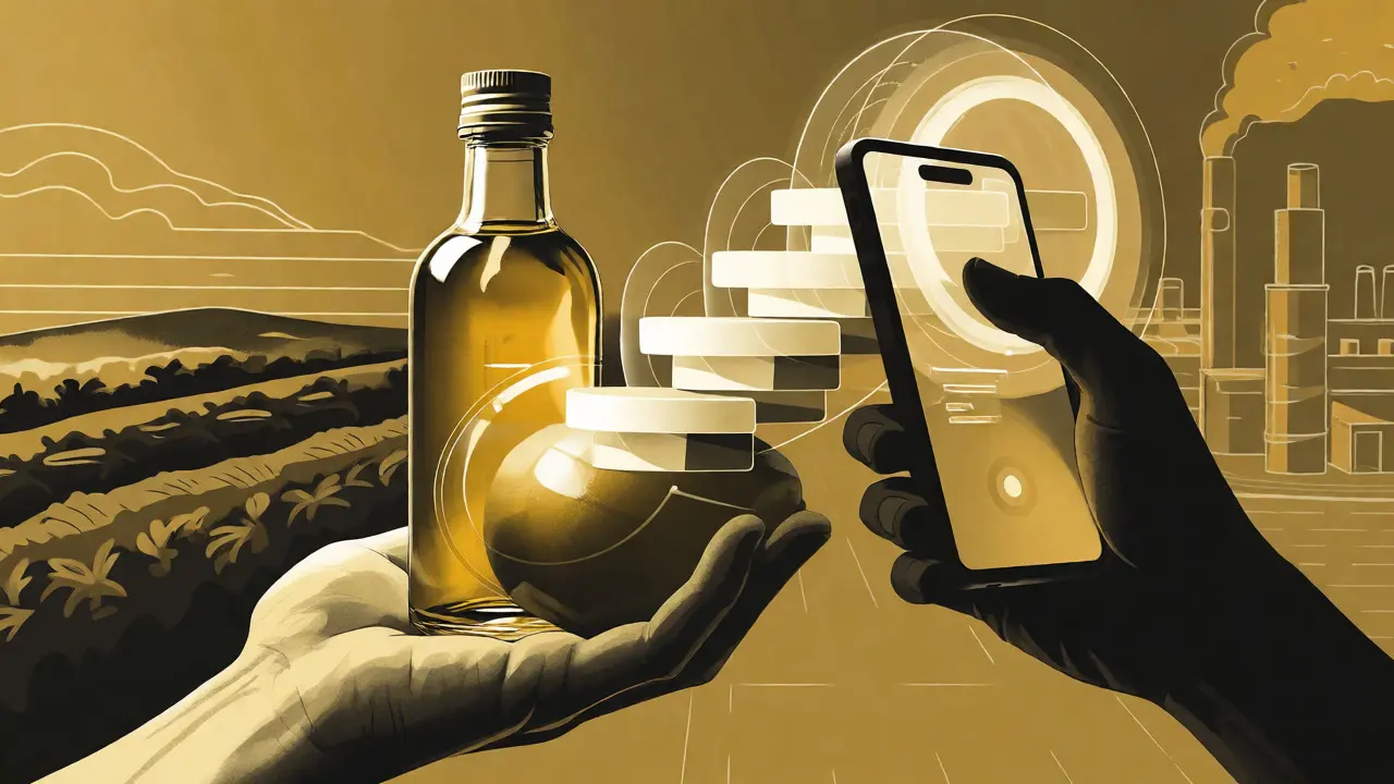 Arte conceptual duotono de un escaneo de producto revelando su historial digital ascendente.