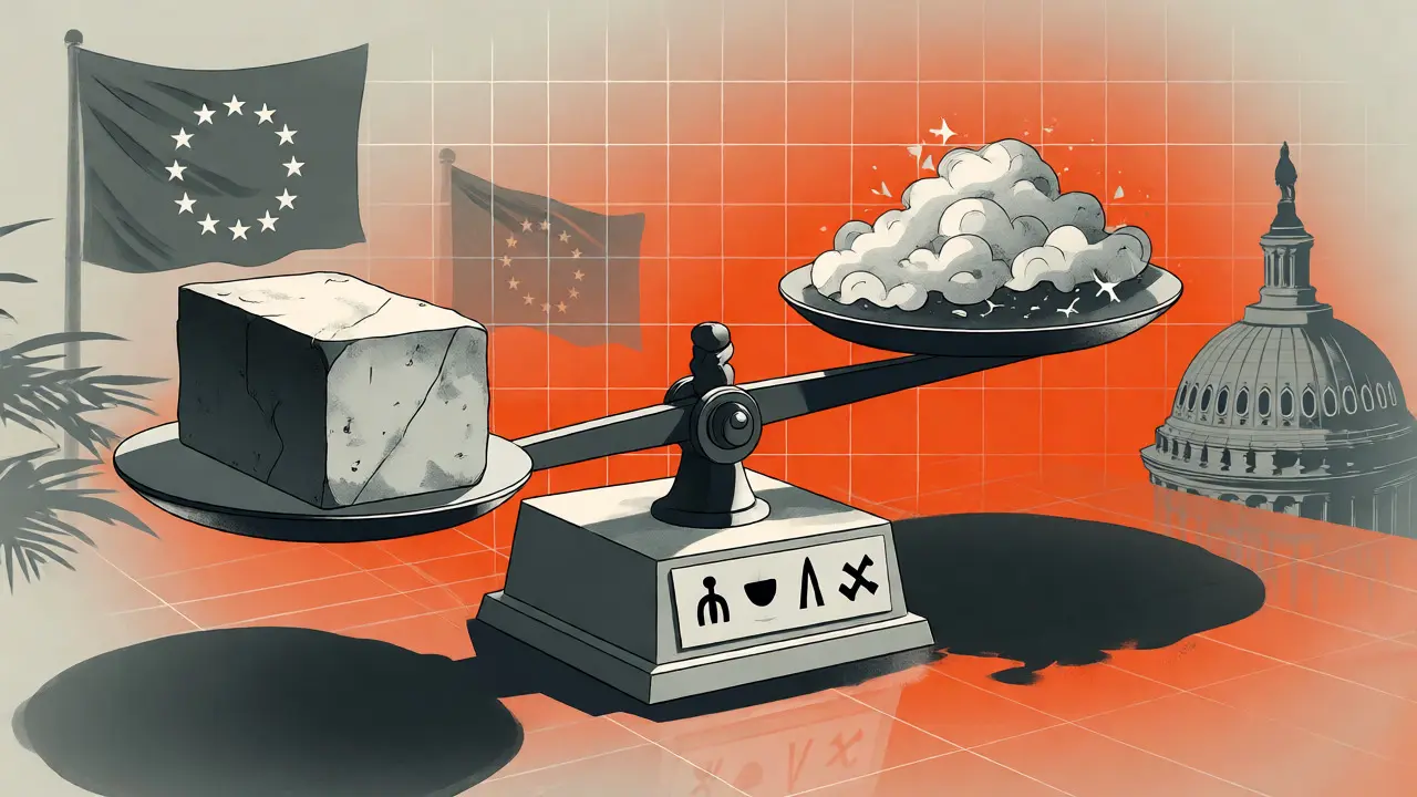 Balanza conceptual en estilo de dibujo animado que equilibra la soberanía financiera frente a la privacidad del usuario.