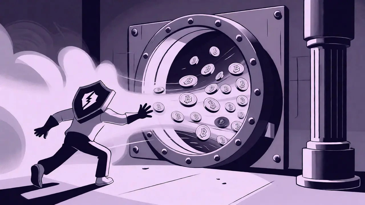 Bóveda bancaria cerrándose ante criptomonedas de plataformas no licenciadas