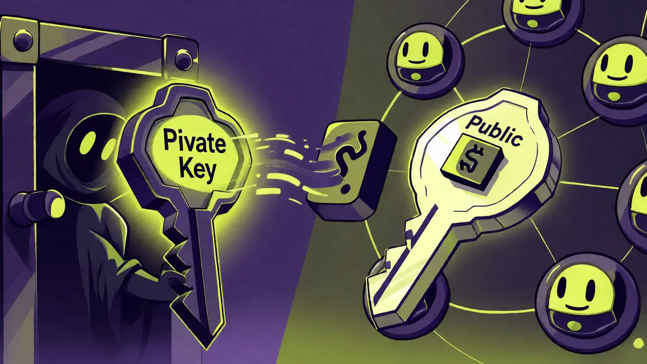Claves privada y pública interactuando con transacción blockchain