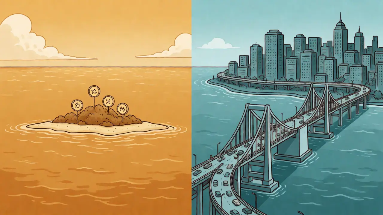 Comparación visual entre una isla aislada y una ciudad conectada en duotono.