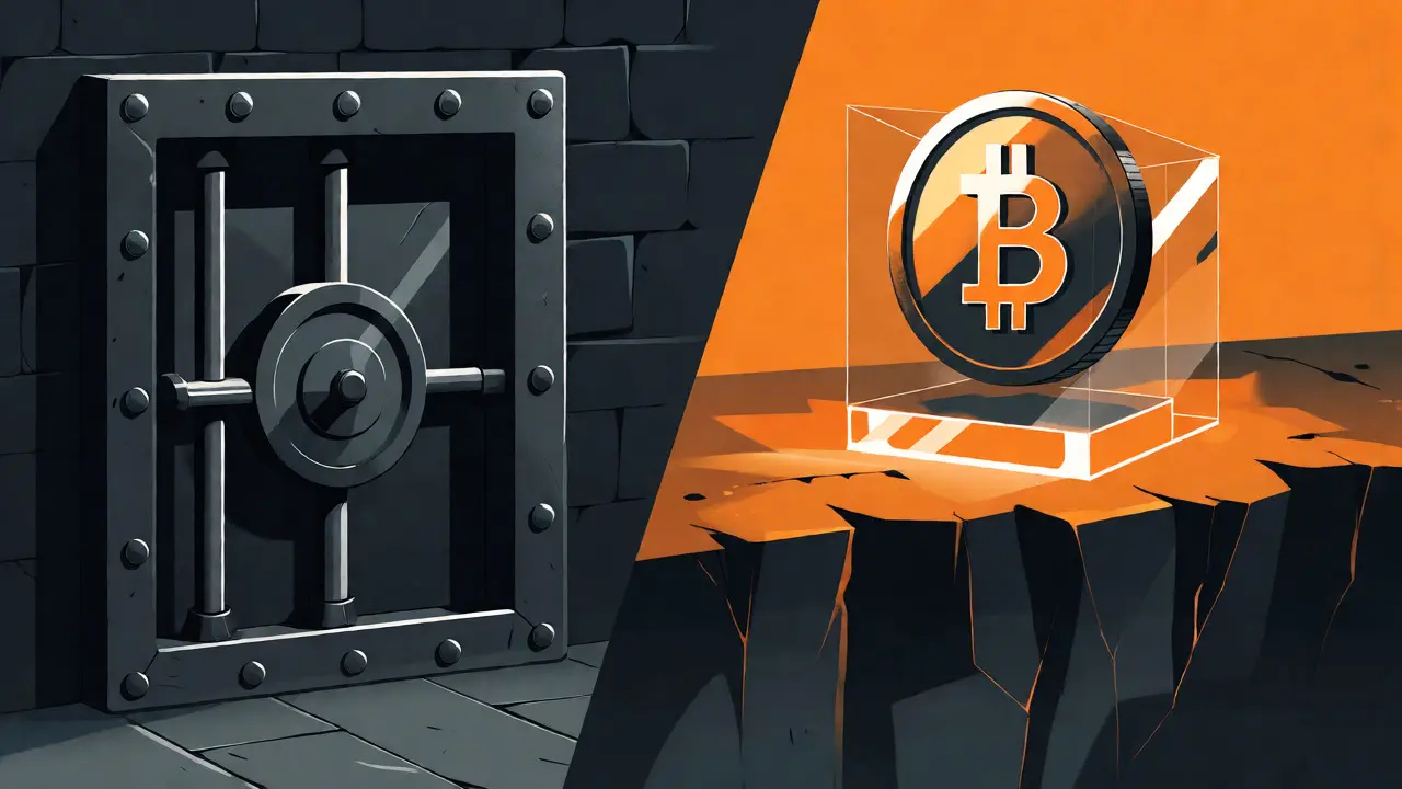 Contrast between secure vault and fragile crypto platform