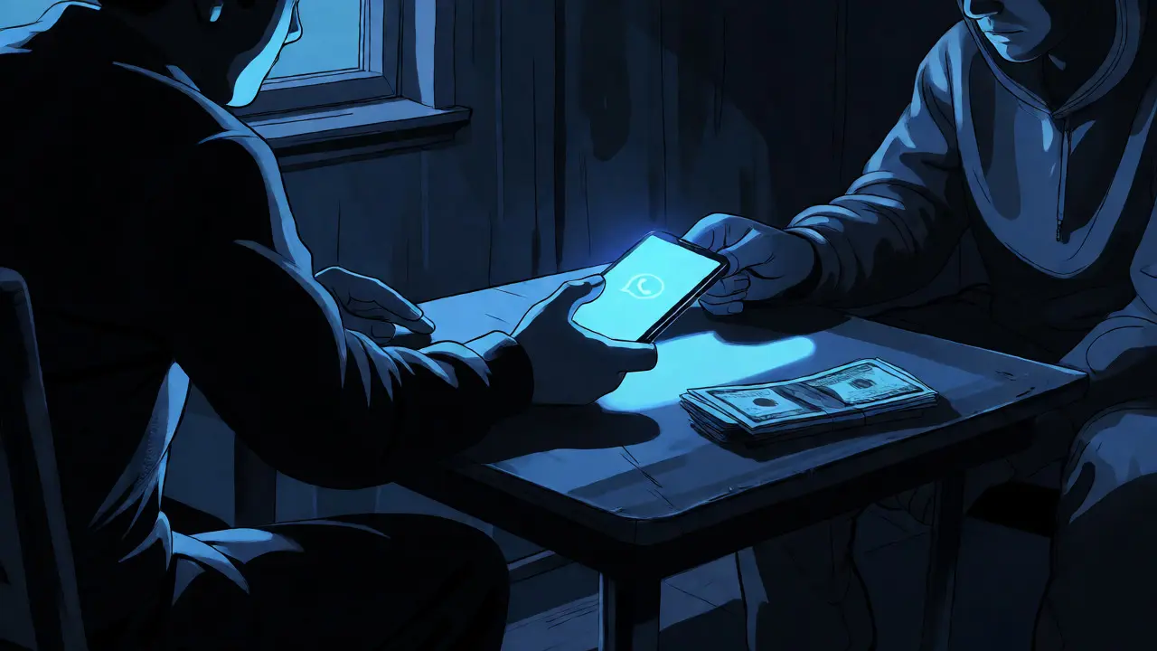 Dos personas realizando una transacción clandestina de criptomonedas bajo luz tenue y sombras.