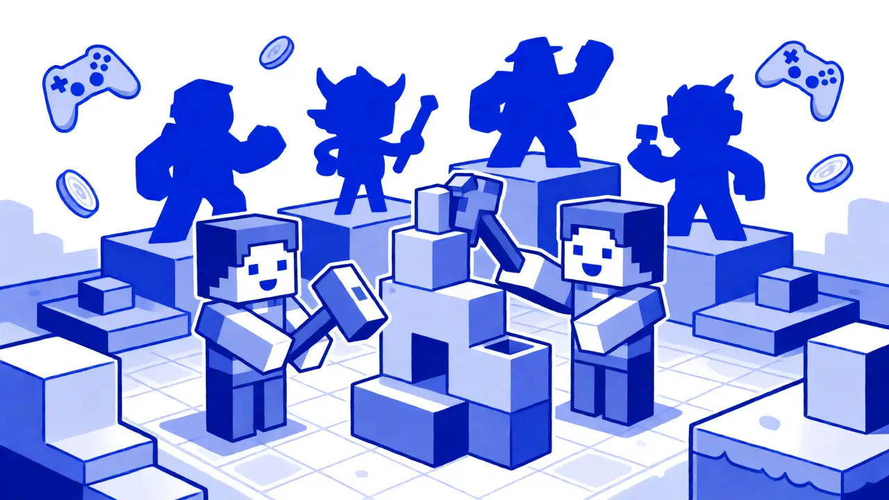 Escena estilo voxel de The Sandbox mostrando usuarios construyendo y elementos de juego gamificados.