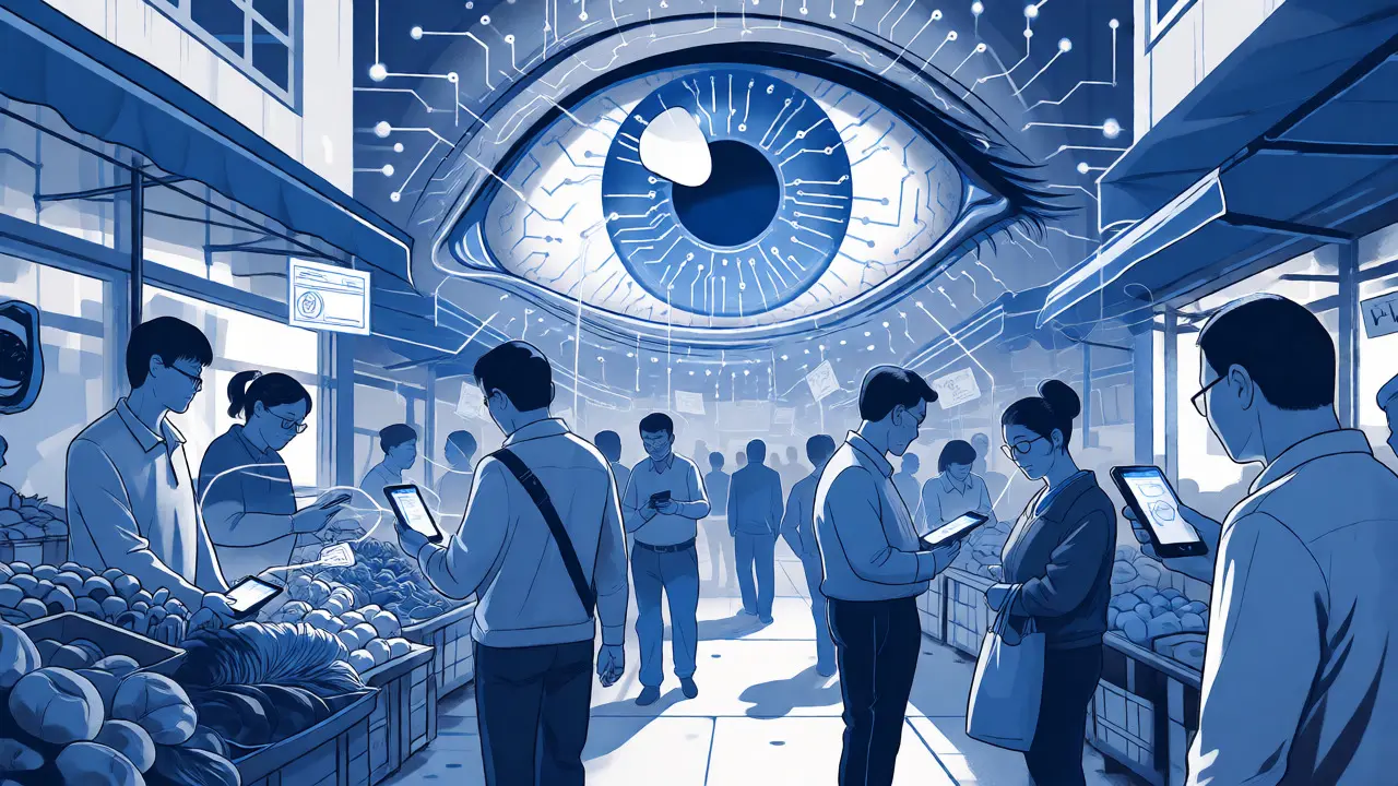 Escena ilustrada con un ojo digital vigilando transacciones de mercado para mostrar la trazabilidad de las CBDC.