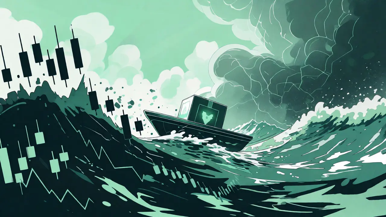 Ilustración duotono de un pequeño barco navegando olas de datos abstractos, representando la volatilidad del mercado cripto.