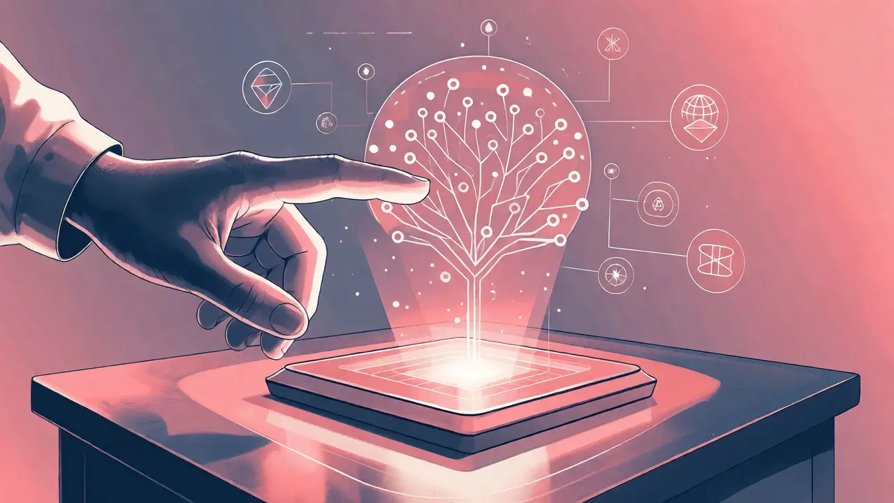 Interfaz futurista mostrando una auditoría interactiva de blockchain en estilo cartoon duotono.
