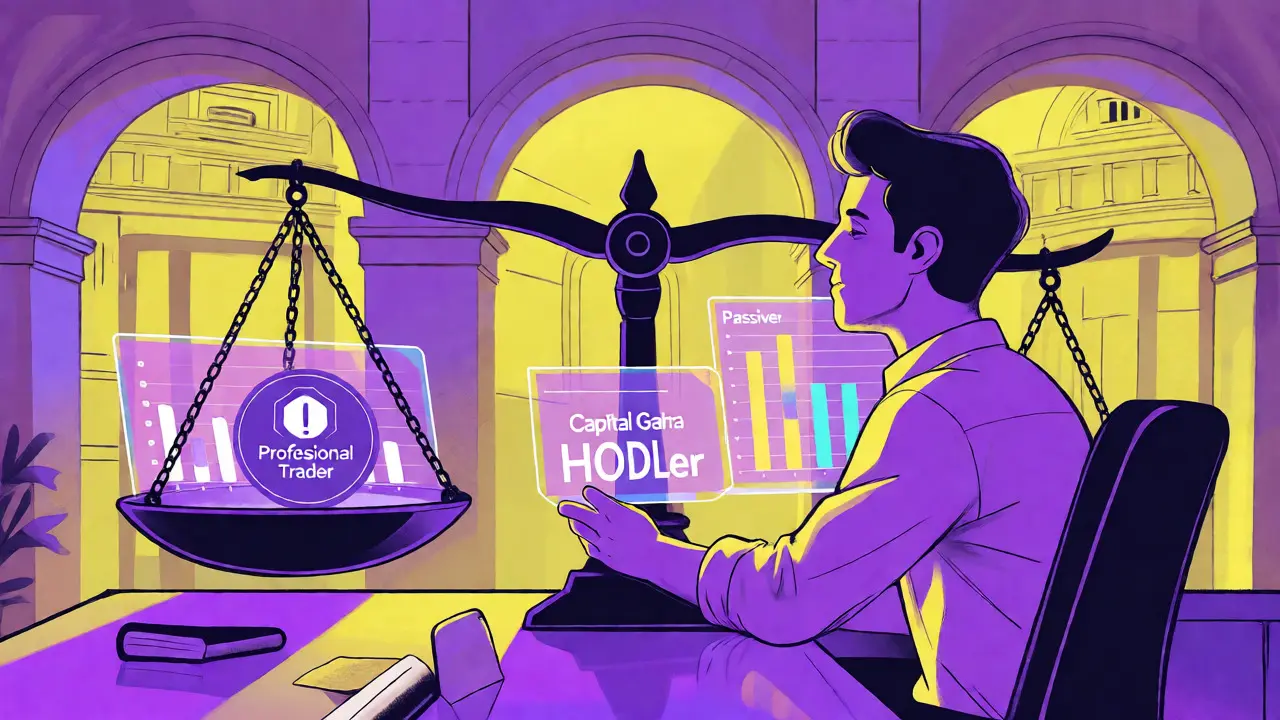 Inversor analizando balances fiscales entre trading activo y tenencia pasiva en un entorno portugués.