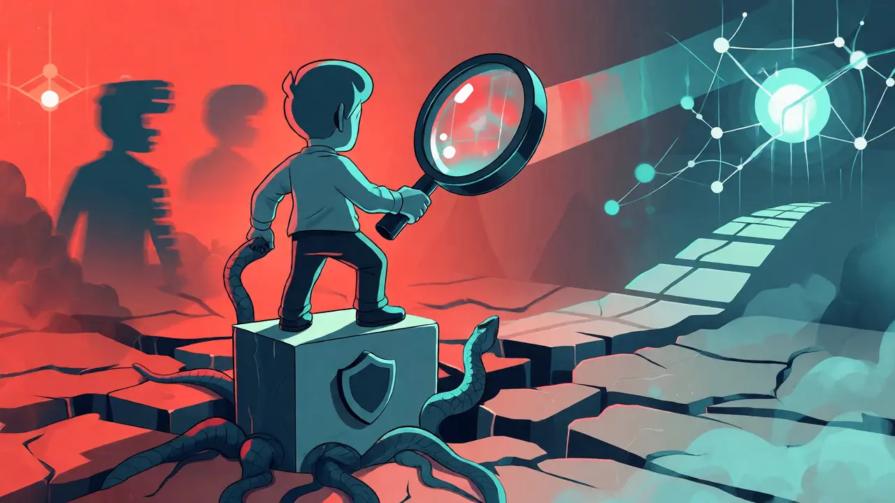 Inversor cauteloso con lupa detectando trampas en el código blockchain, ilustrado en estilo caricaturesco duotono.