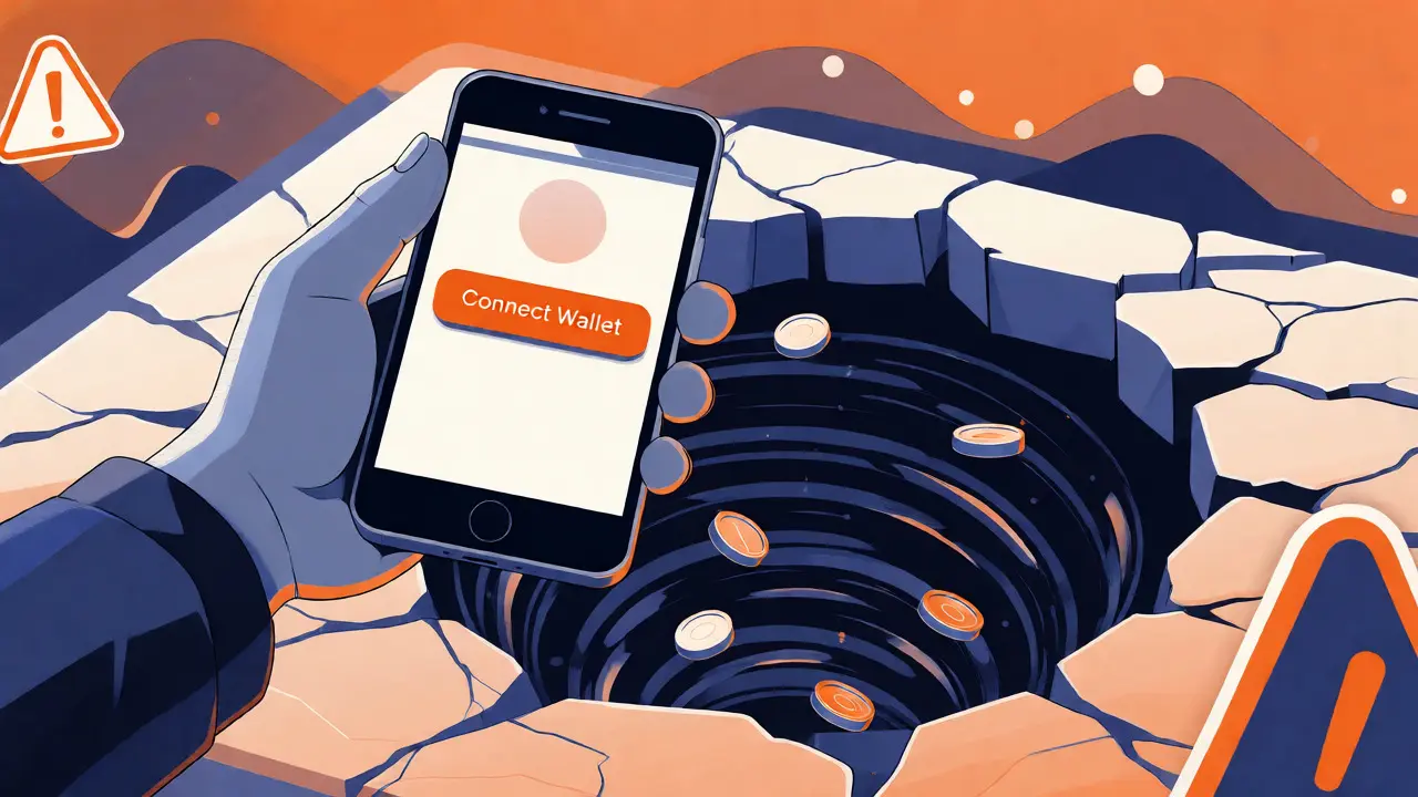 Mano sosteniendo teléfono sobre un abismo digital que representa la pérdida de fondos.