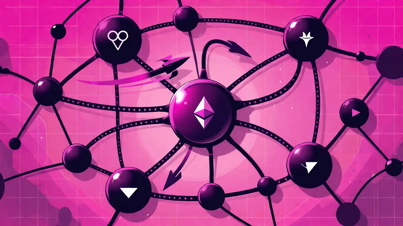 Mapa de red multi-cadena mostrando conexiones entre Ethereum y redes L2 en estilo ilustrativo.