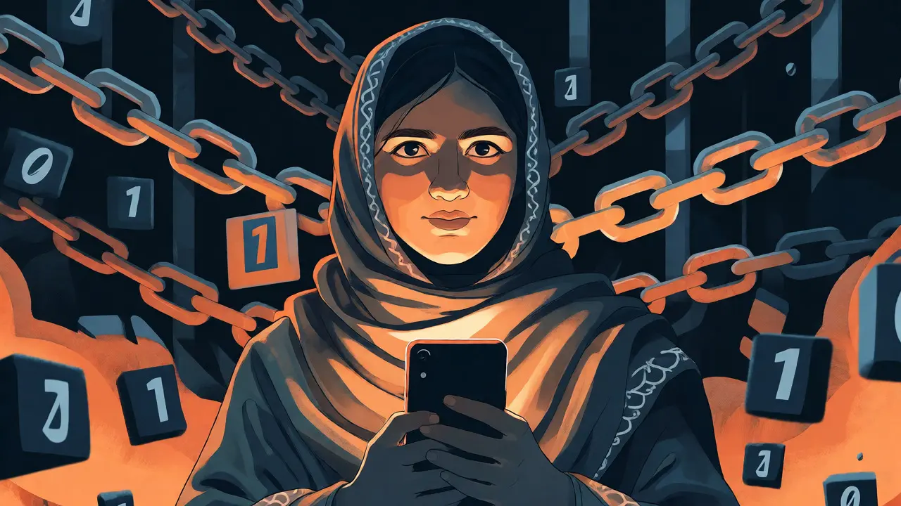 Mujer afgana sosteniendo un teléfono como símbolo de autonomía financiera y resistencia silenciosa.