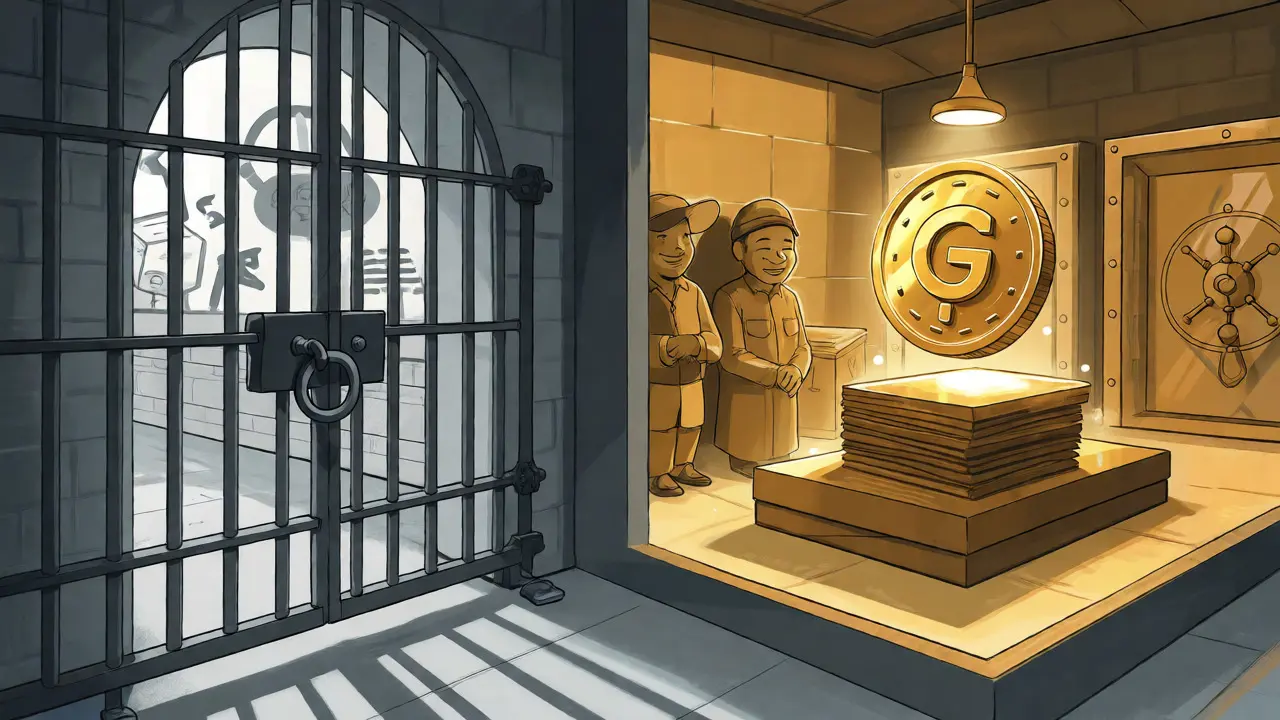 Puerta cerrada a extranjeros y nueva moneda digital G Token brillando dentro de Tailandia.