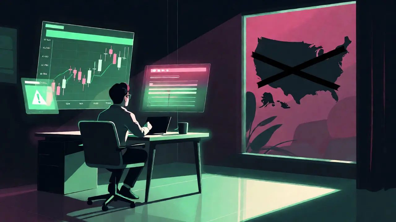 Trader analizando gráficos holográficos con un mapa de EE.UU. excluido al fondo.