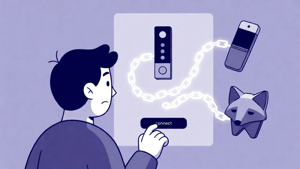 Usuario conectando wallets a una interfaz minimalista en tonos violeta.