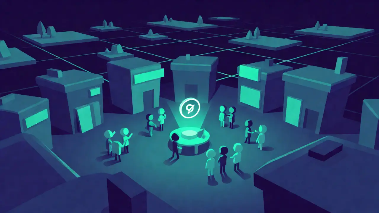 Vista panorámica del mundo virtual minimalista de Decentraland con avatares y parcelas de tierra.