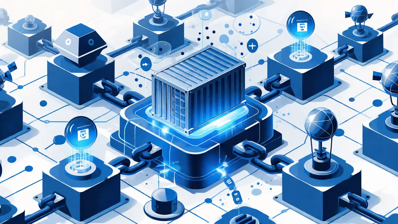 Visualización duotono de bloques blockchain conectando sensores IoT y logística global.