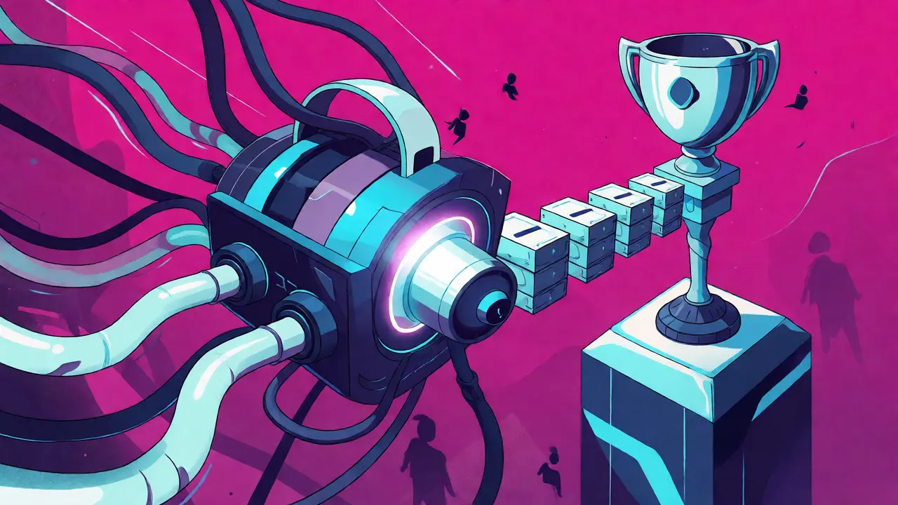 Arte cartoon duotono mostrando una consola conectada a bloques y un trofeo