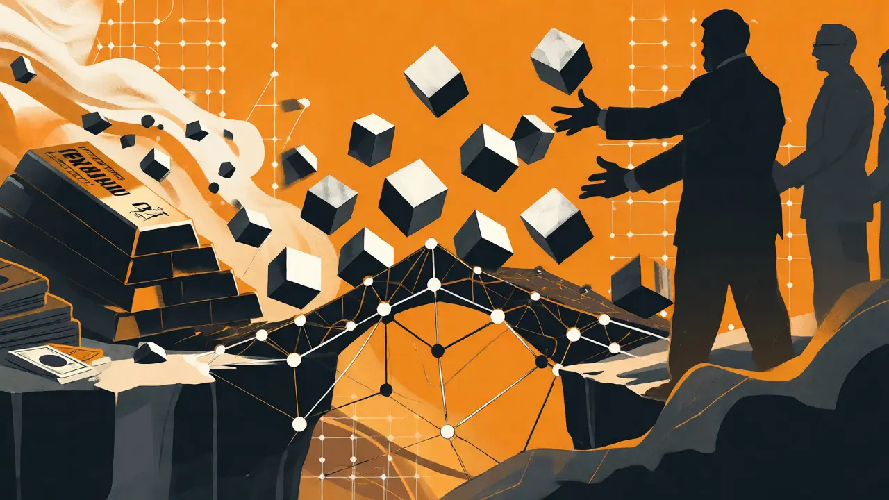 Arte cartoon en dos tonos mostrando la migración de activos financieros tradicionales a la blockchain.