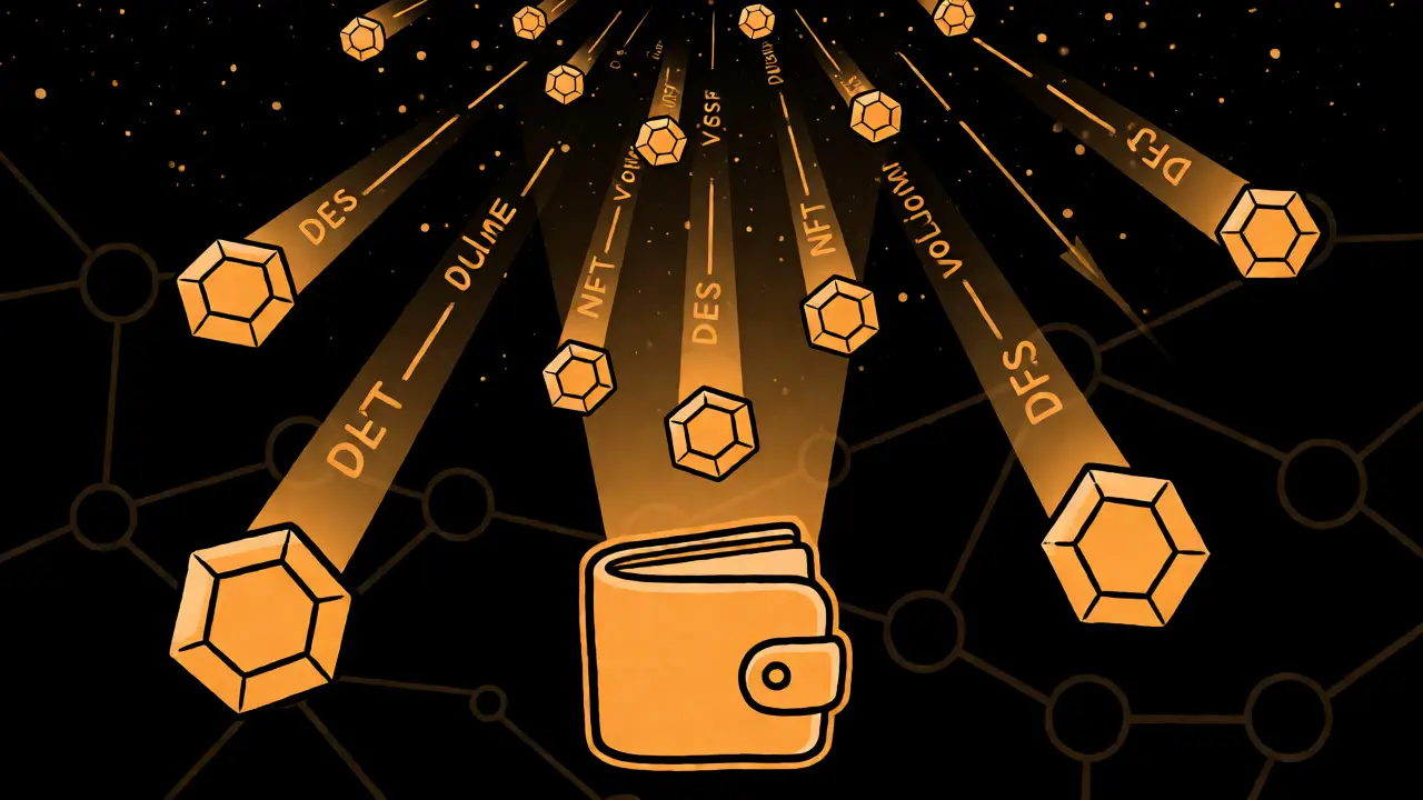 Caída de tokens DES desde el espacio hacia una billetera digital magnética.