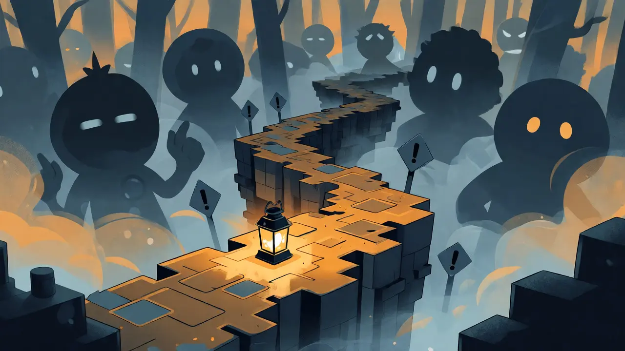 Camino pixelado entre sombras con una linterna brillante representando el riesgo y la oportunidad.