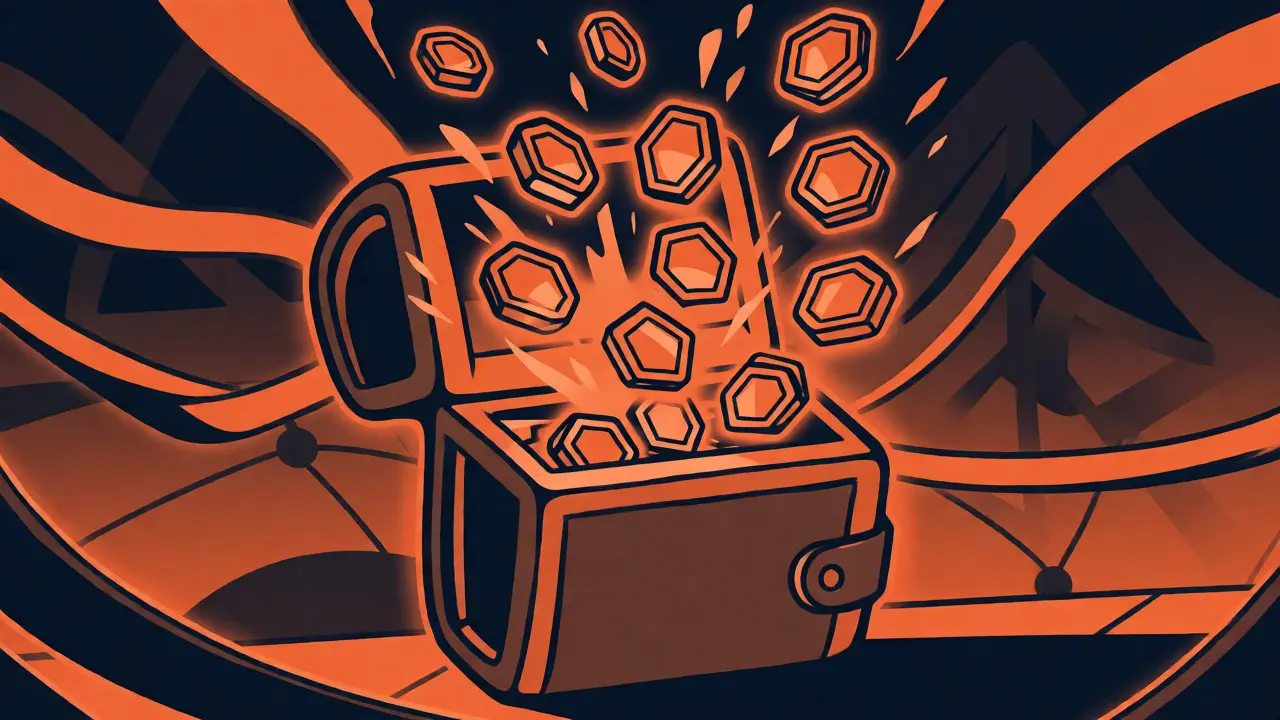 Cartera estilizada liberando fichas de tokens en una red de bloques abstracta.