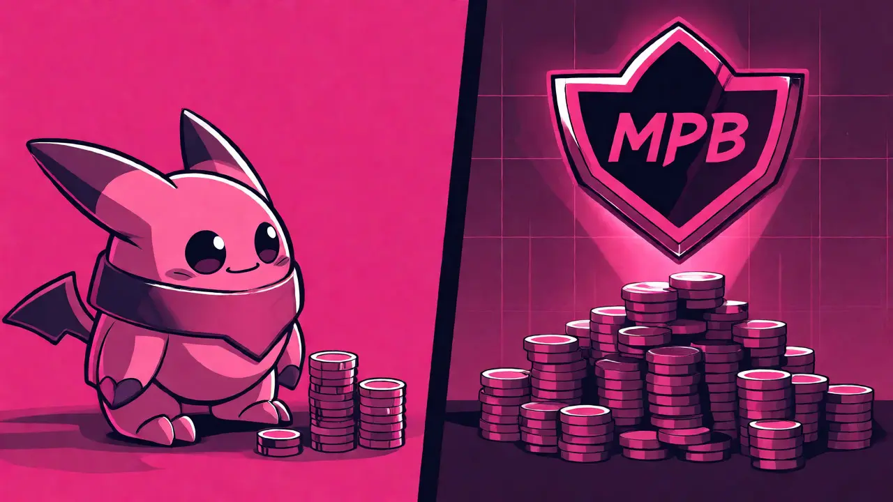 Comparación ilustrativa entre recompensas de Metamon y MPB en estilo duotono morado.