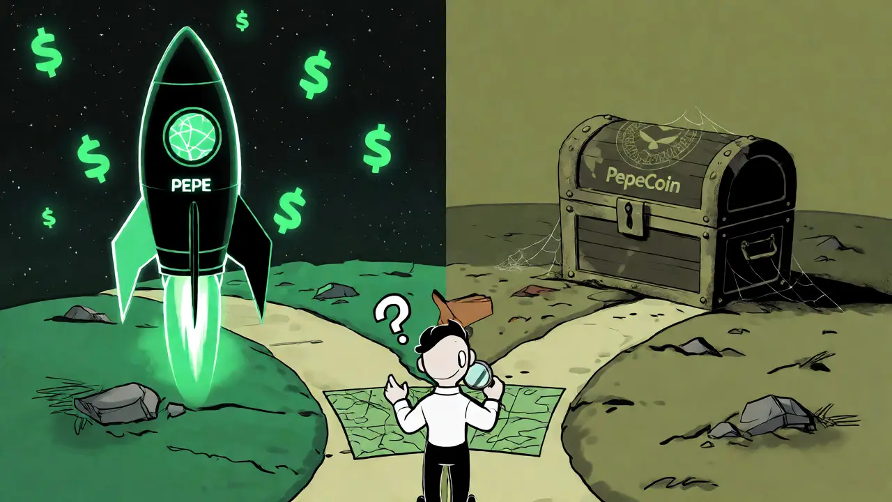 Comparativa visual entre el cohete PEPE y el viejo cofre PepeCoin en arte cartoon.