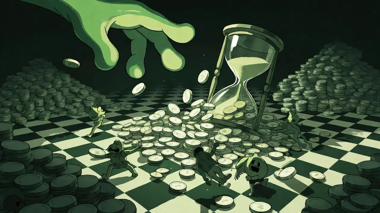 Escena caótica de personas recolectando monedas bajo una mano gigante de rana verde.