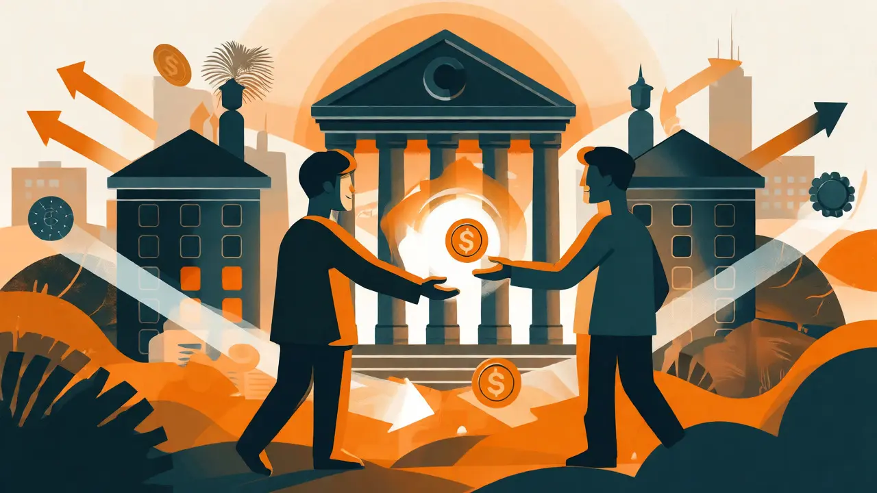 Escena cartoon de intercambio P2P entre dos figuras globales en tonos azul y naranja.