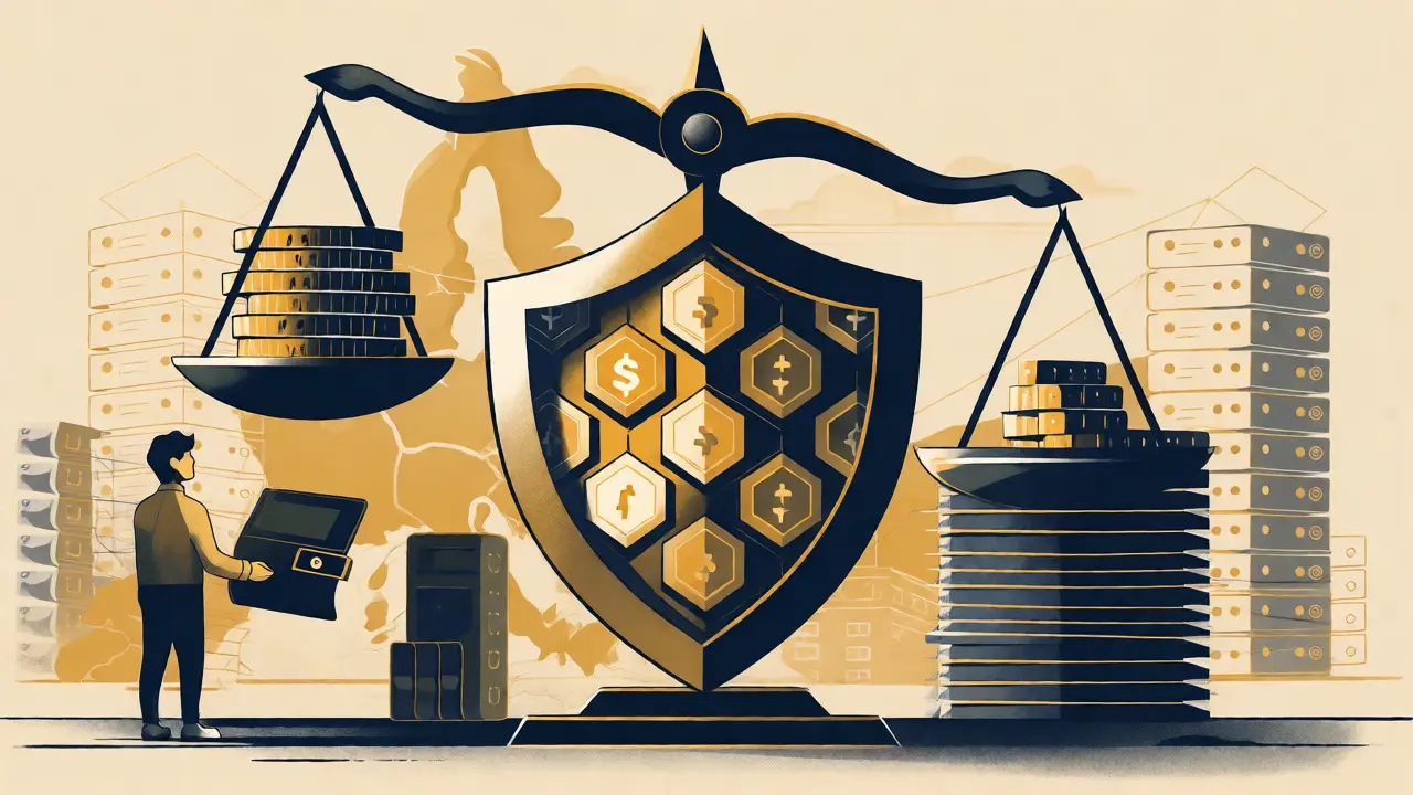 Escudo blockchain protegiendo una cartera digital bajo la regulación europea MiCAR en estilo cartoon.