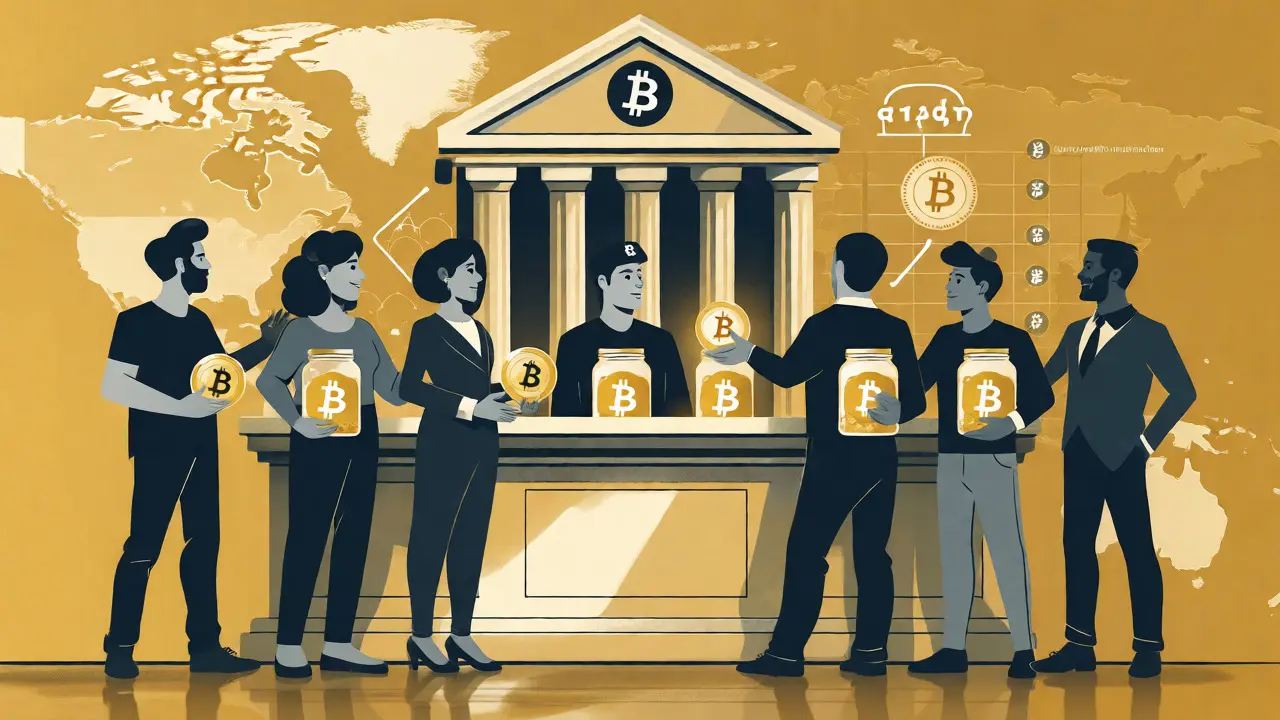 Ilustración duotono de inversores minoristas accediendo fácilmente a Bitcoin mediante cuentas de ahorro tradicionales.