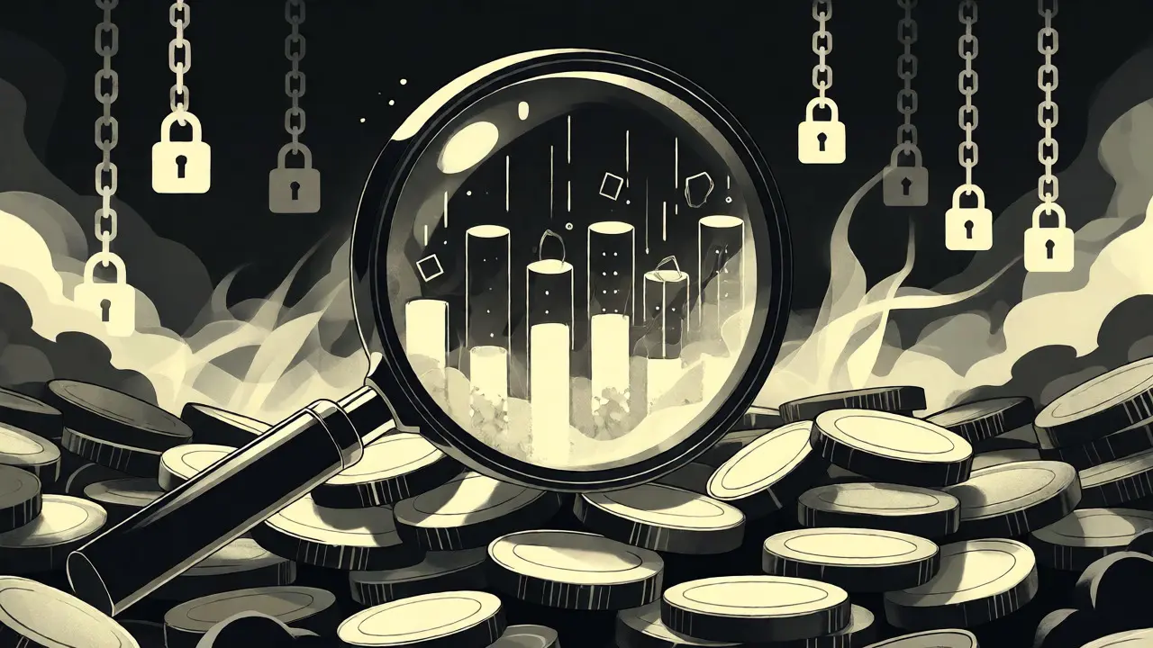 Lupa revelando volúmenes fantasma y falta de transparencia en una plataforma cripto.