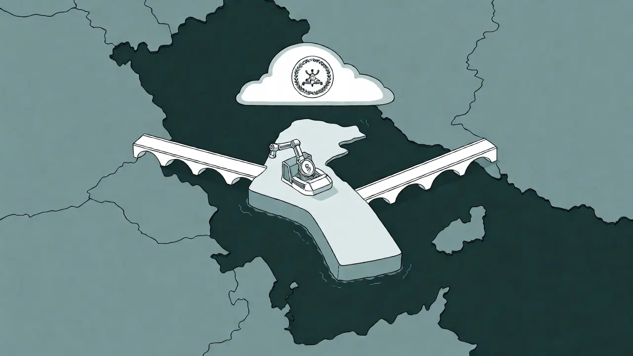 Mapa conceptual del Golfo mostrando el aislamiento regulatorio de Kuwait