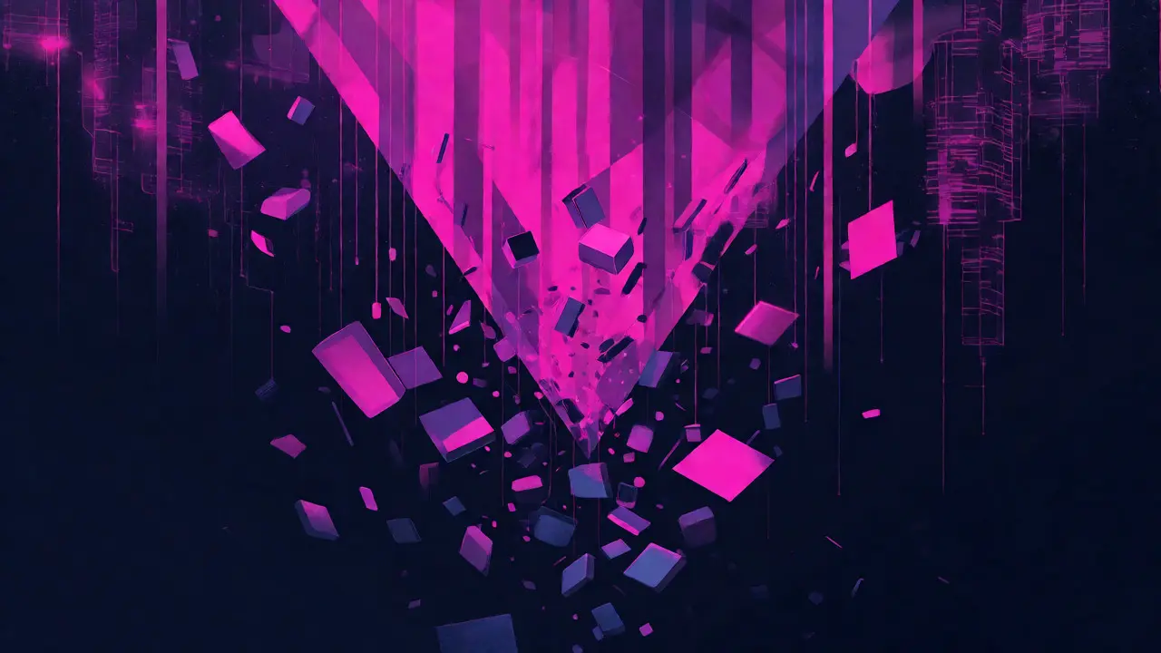 Metáfora visual de la caída del precio del token con fragmentos cayendo al vacío.