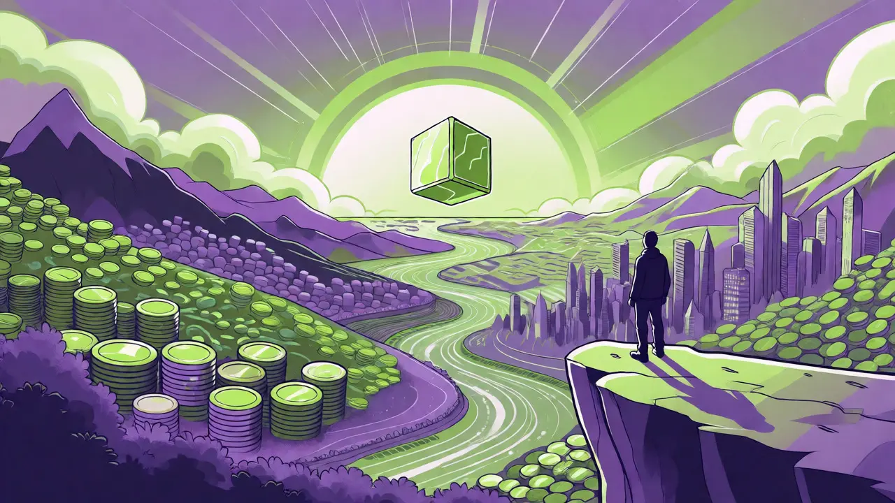 Paisaje futurista en estilo ilustrativo que simboliza el crecimiento masivo del mercado RWA hacia el futuro.