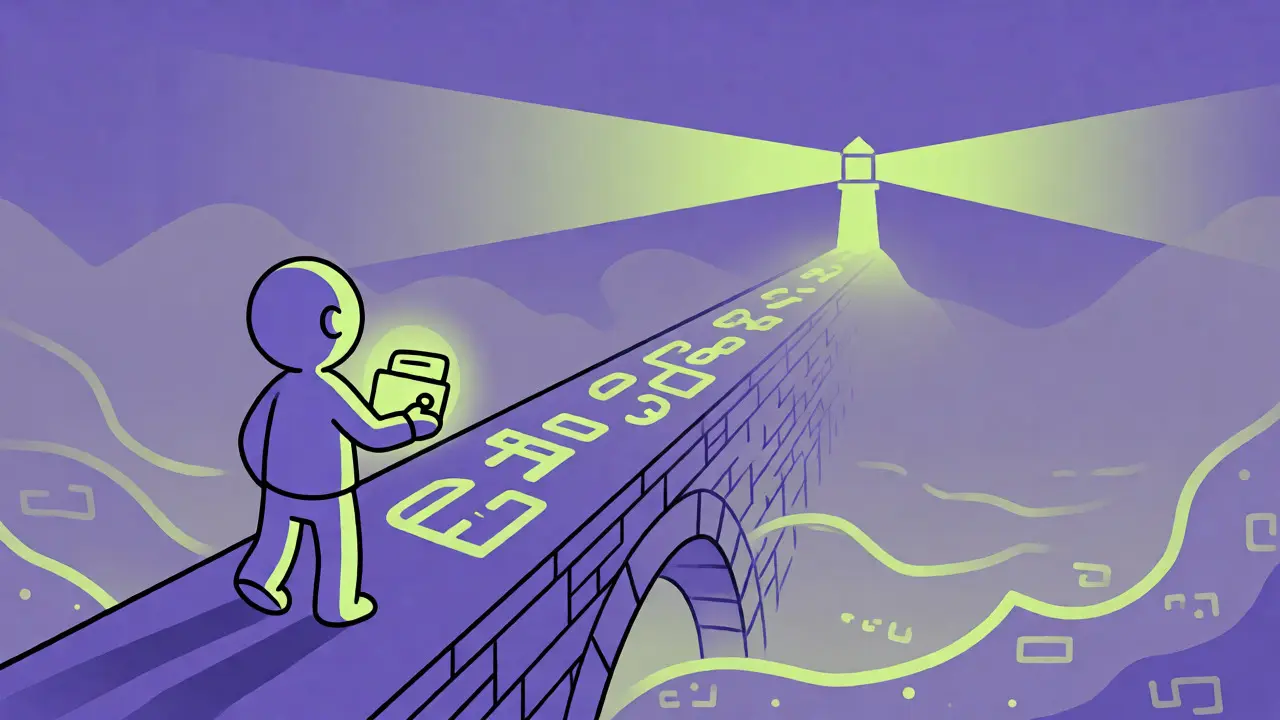 Persona estilizada cruzando un puente de código hacia exchanges representados como faros lejanos.