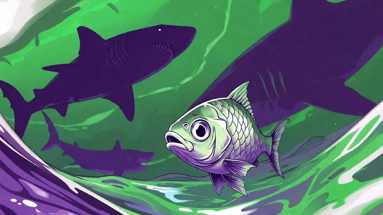Pez pequeño nadando entre tiburones gigantes en ilustración duotono