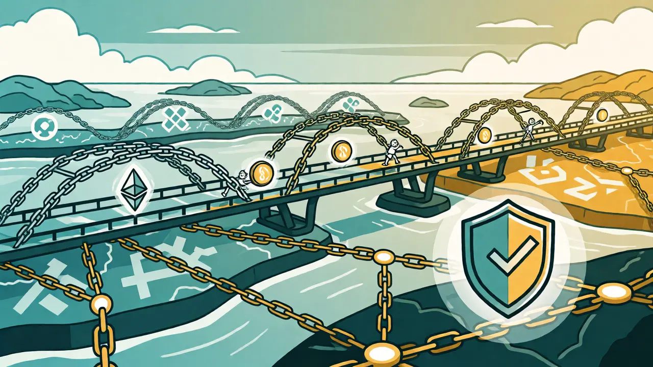 Puente futurista conectando múltiples cadenas blockchain con avatares