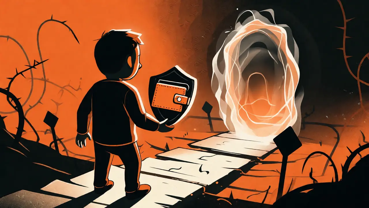 Usuario cripto cauteloso frente a un portal de airdrop ilusorio y riesgosos en estilo naranja y negro.